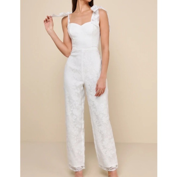 LULU'S XL White Extraordinary Charm Floral Burnout Tie-Strap Jumpsuit NEW B62 - Picture 1 of 11